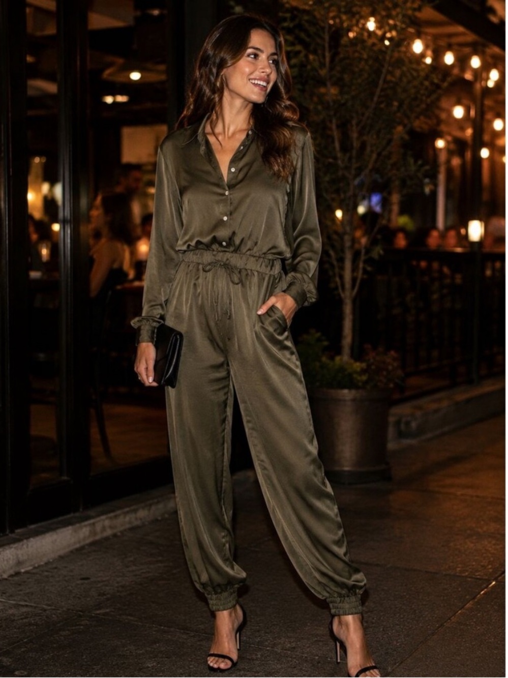 Cinq a' Sept Joyce Satin Olive Green Button Front Elastic Jumpsuit Size Medium
